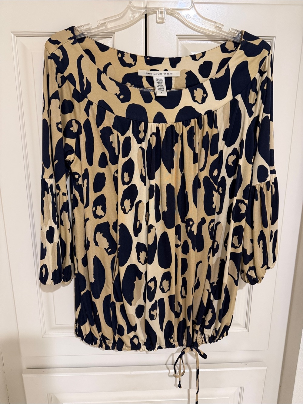 Diane Von Furstenberg Navy and Tan Leopard-Print Peasant Blouse